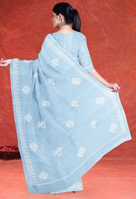 Misty sky blue & ivory white andhra cotton saree with running blouse 3