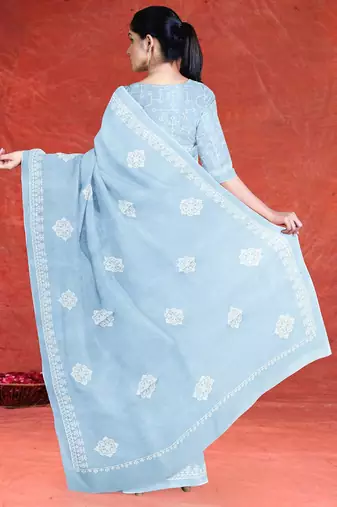 Misty sky blue & ivory white andhra cotton saree with running blouse