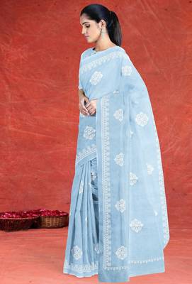 Misty sky blue & ivory white andhra cotton saree with running blouse 4