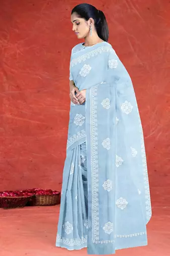 Misty sky blue & ivory white andhra cotton saree with running blouse