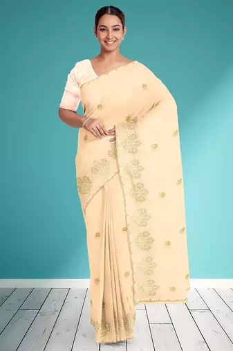 Vanilla cream & olive green andhra cotton saree with running blouse