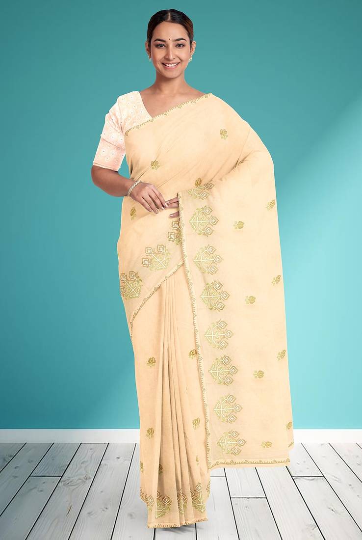 Vanilla cream & olive green andhra cotton saree with running blouse