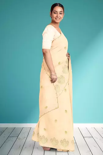 Vanilla cream & olive green andhra cotton saree with running blouse