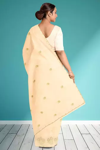 Vanilla cream & olive green andhra cotton saree with running blouse