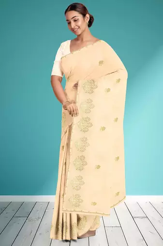 Vanilla cream & olive green andhra cotton saree with running blouse