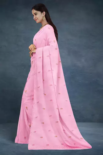 Baby/blossom pink & rose gold andhra cotton saree with running blouse