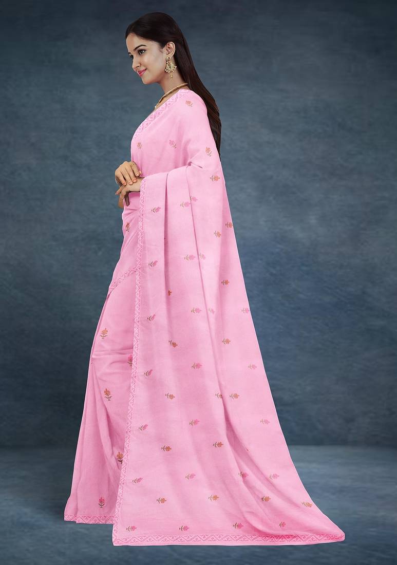 Baby/blossom pink & rose gold andhra cotton saree with running blouse