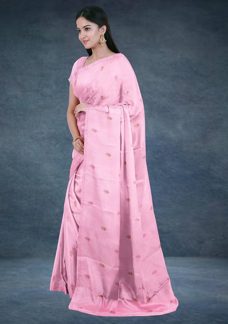 Baby/blossom pink & rose gold andhra cotton saree with running blouse