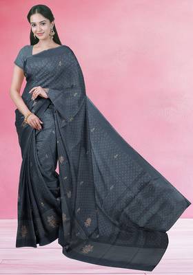 Charcoal grey & jet black south cotton saree with running blouse 1