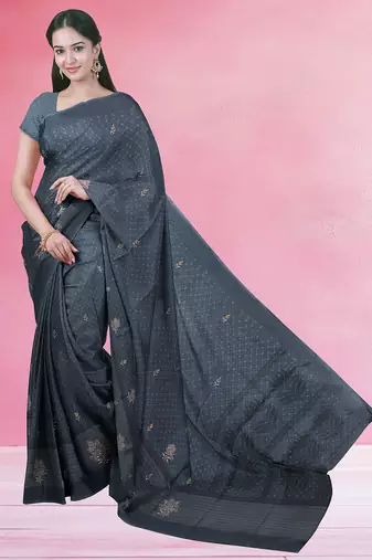 Charcoal grey & jet black south cotton saree with running blouse