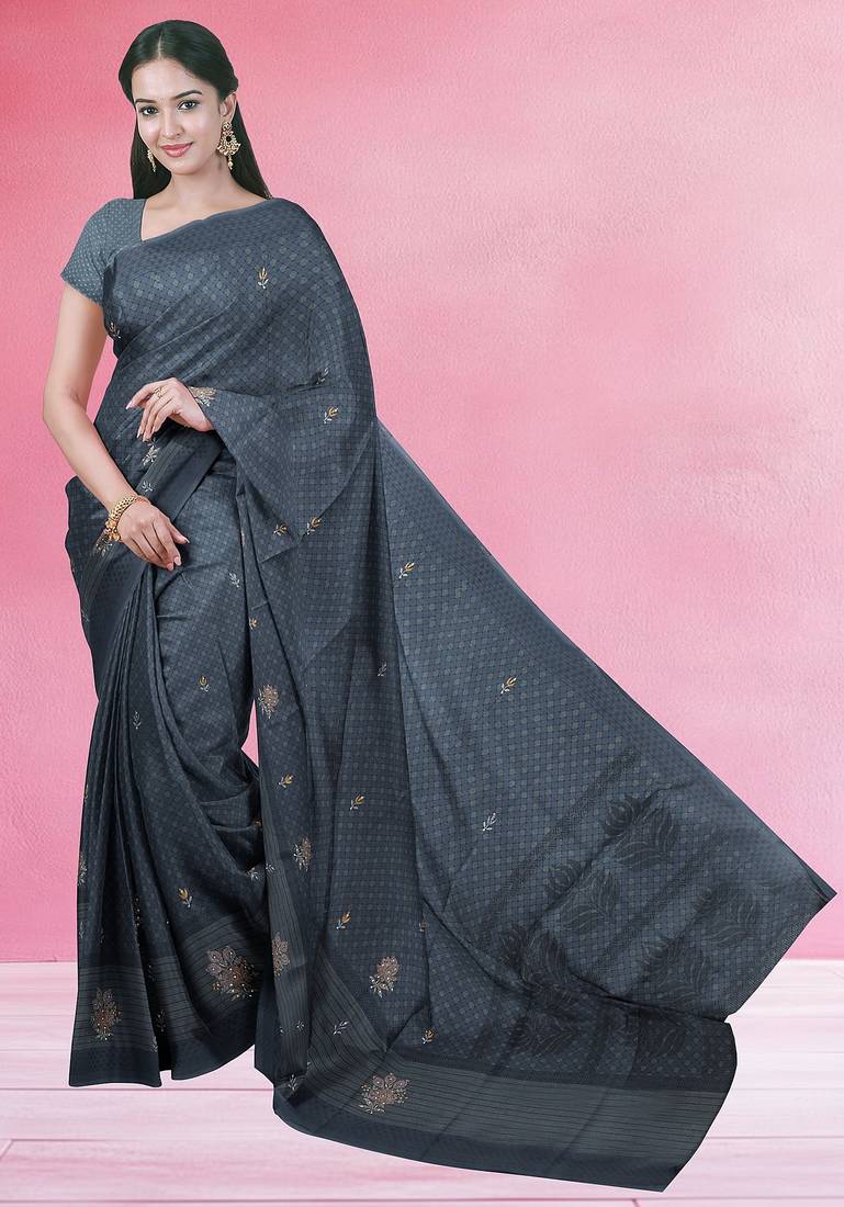 Charcoal grey & jet black south cotton saree with running blouse