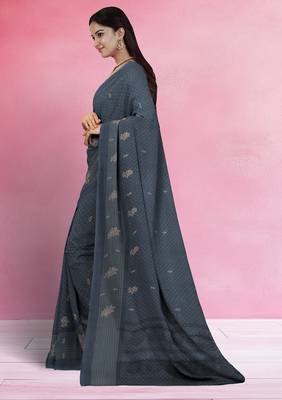 Charcoal grey & jet black south cotton saree with running blouse 2