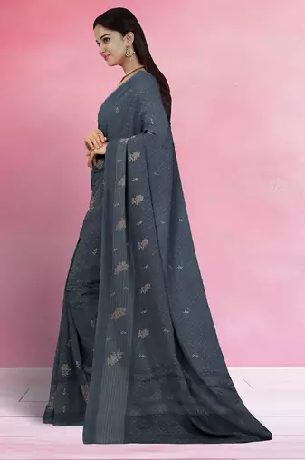 Charcoal grey & jet black south cotton saree with running blouse