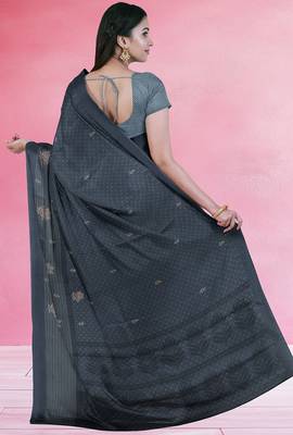 Charcoal grey & jet black south cotton saree with running blouse 3