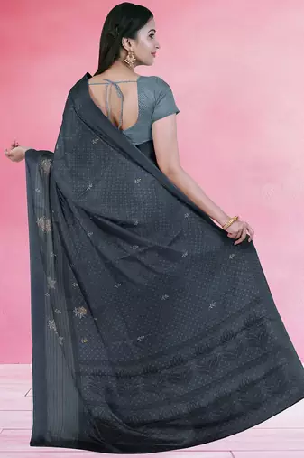 Charcoal grey & jet black south cotton saree with running blouse
