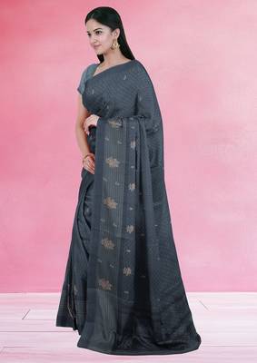Charcoal grey & jet black south cotton saree with running blouse 4