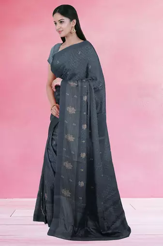 Charcoal grey & jet black south cotton saree with running blouse