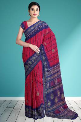 Raspberry/magenta pink & indigo blue south cotton saree with running blouse 1