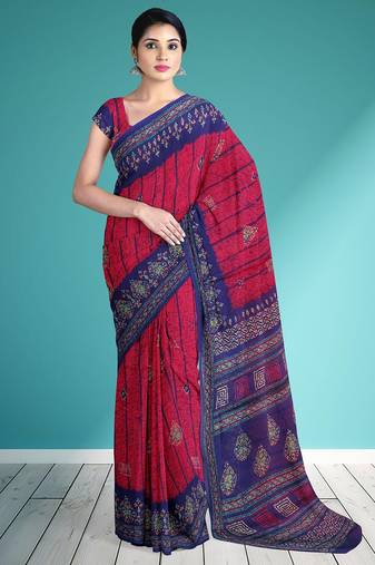 Raspberry/magenta pink & indigo blue south cotton saree with running blouse
