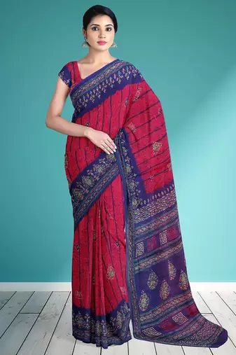 Raspberry/magenta pink & indigo blue south cotton saree with running blouse