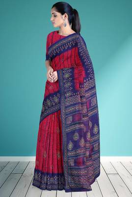 Raspberry/magenta pink & indigo blue south cotton saree with running blouse 2