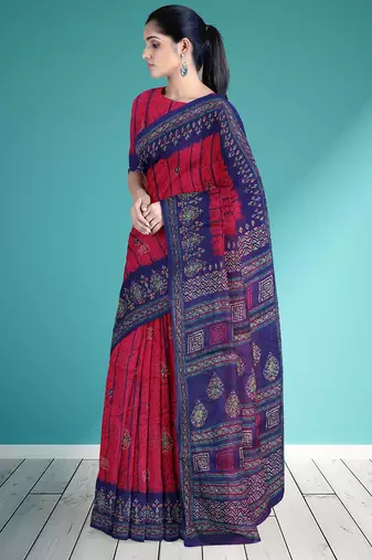 Raspberry/magenta pink & indigo blue south cotton saree with running blouse