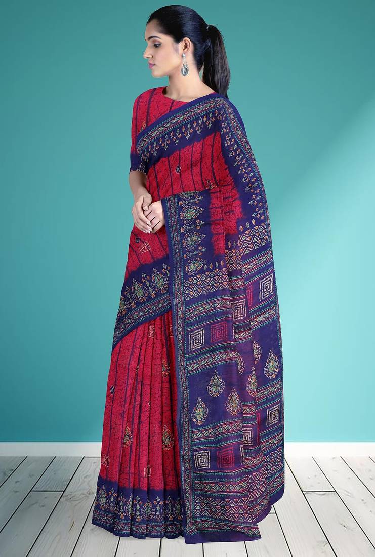 Raspberry/magenta pink & indigo blue south cotton saree with running blouse