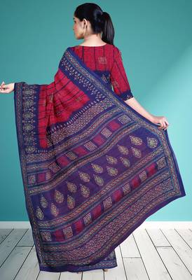 Raspberry/magenta pink & indigo blue south cotton saree with running blouse 3