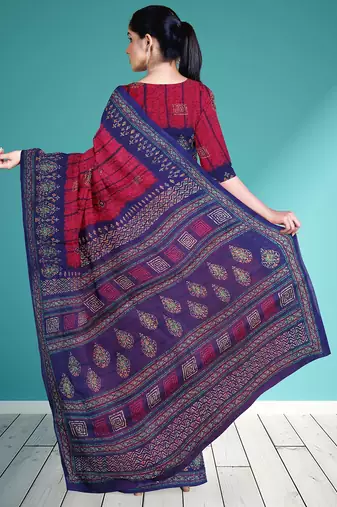 Raspberry/magenta pink & indigo blue south cotton saree with running blouse