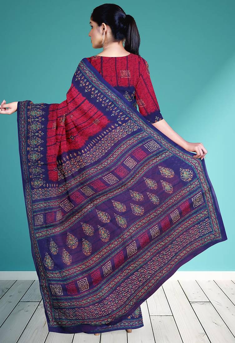 Raspberry/magenta pink & indigo blue south cotton saree with running blouse