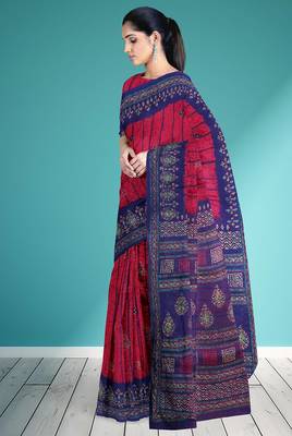 Raspberry/magenta pink & indigo blue south cotton saree with running blouse 4