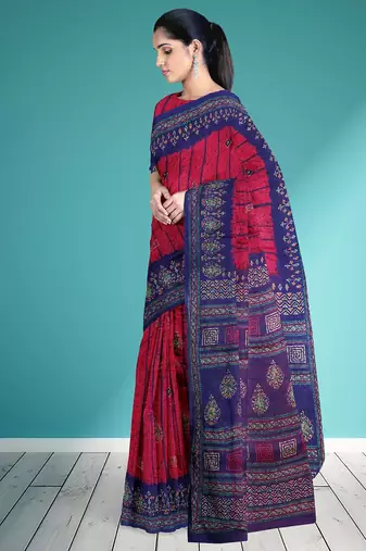 Raspberry/magenta pink & indigo blue south cotton saree with running blouse
