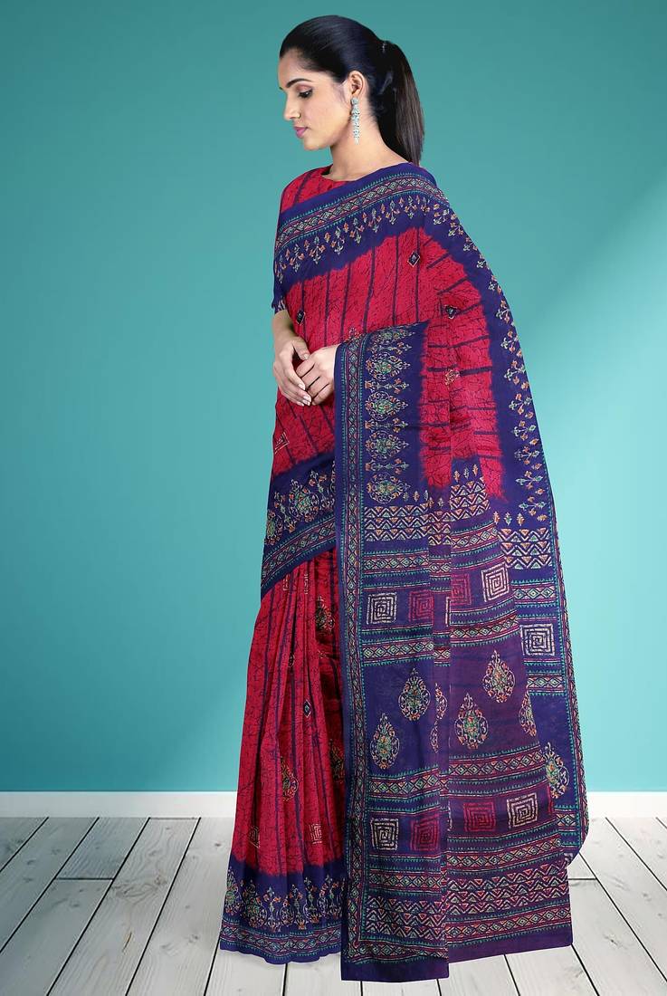 Raspberry/magenta pink & indigo blue south cotton saree with running blouse