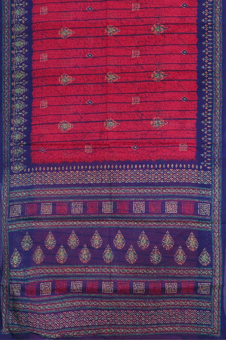 Raspberry/magenta pink & indigo blue south cotton saree with running blouse
