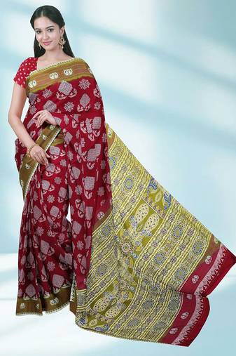 Maroon red & olive green south cotton saree with running blouse