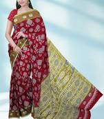 Maroon red & olive green south cotton saree with running blouse