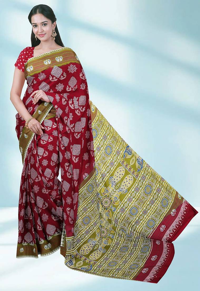 Maroon red & olive green south cotton saree with running blouse