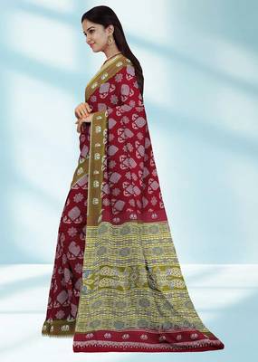 Maroon red & olive green south cotton saree with running blouse 2