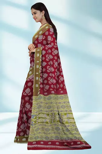 Maroon red & olive green south cotton saree with running blouse