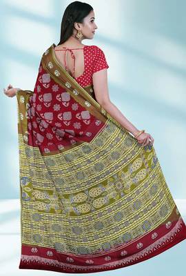 Maroon red & olive green south cotton saree with running blouse 3
