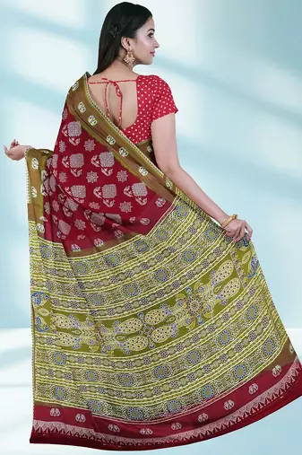 Maroon red & olive green south cotton saree with running blouse