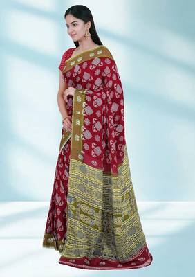 Maroon red & olive green south cotton saree with running blouse 4