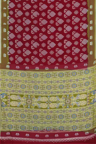 Maroon red & olive green south cotton saree with running blouse