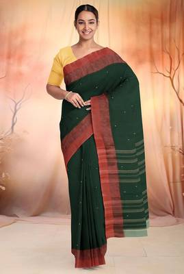 Bottle green & terracotta red bengal tant saree without blouse 1