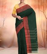 Bottle green & terracotta red bengal tant saree without blouse