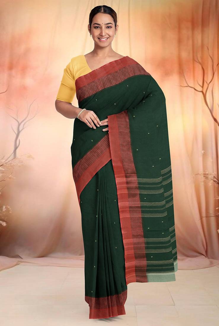 Bottle green & terracotta red bengal tant saree without blouse