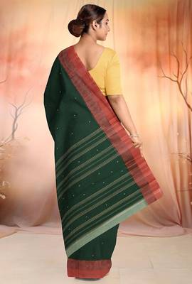 Bottle green & terracotta red bengal tant saree without blouse 3