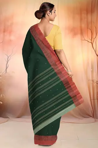 Bottle green & terracotta red bengal tant saree without blouse