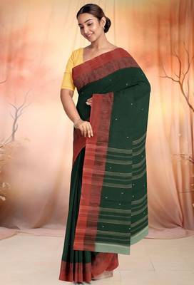 Bottle green & terracotta red bengal tant saree without blouse 4