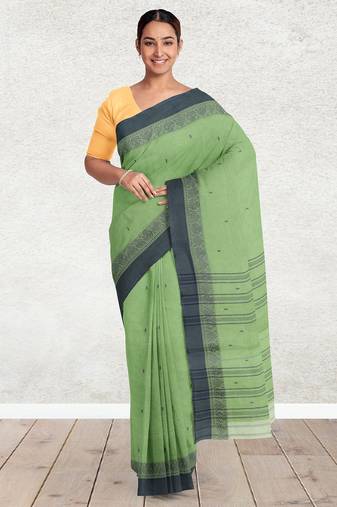 Moss/pista green & charcoal grey bengal tant saree without blouse